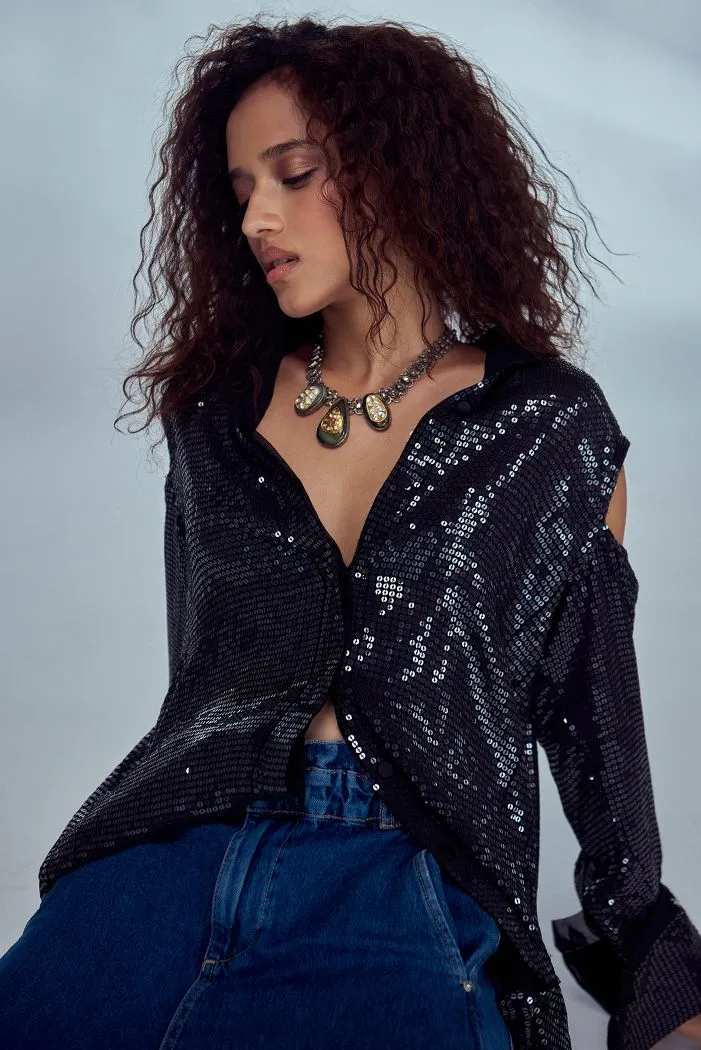 Black Oversized Cold Shoulder Sequin Shirt