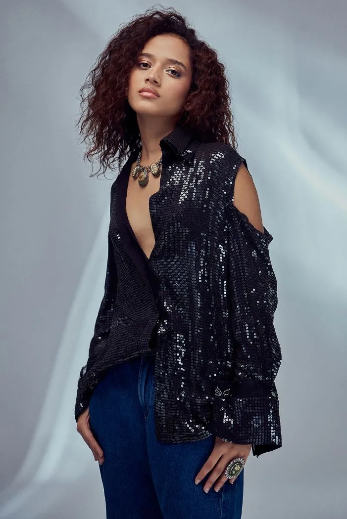 Black Oversized Cold Shoulder Sequin Shirt