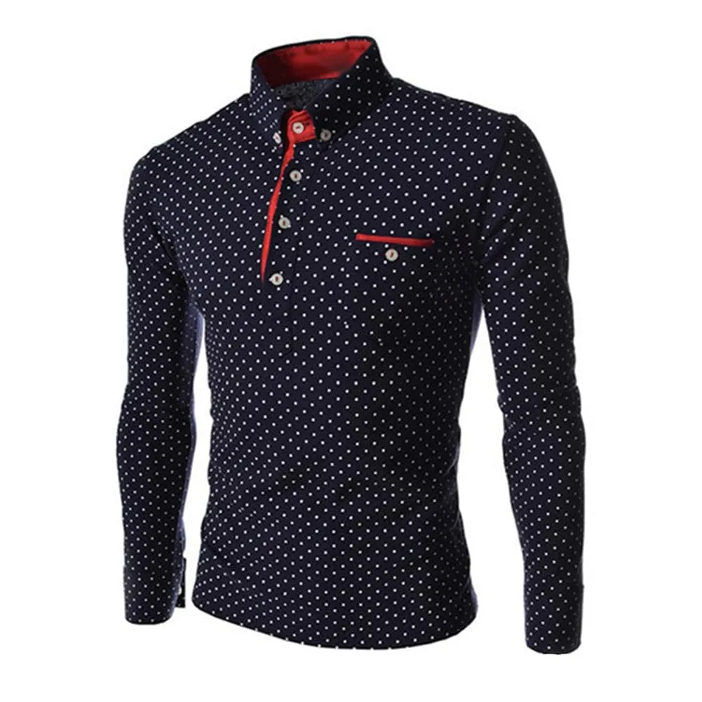 BRADFORD Design Collection Men's Fashion Navy Blue & White Polka Dots Button Top Long Sleeve Shirt