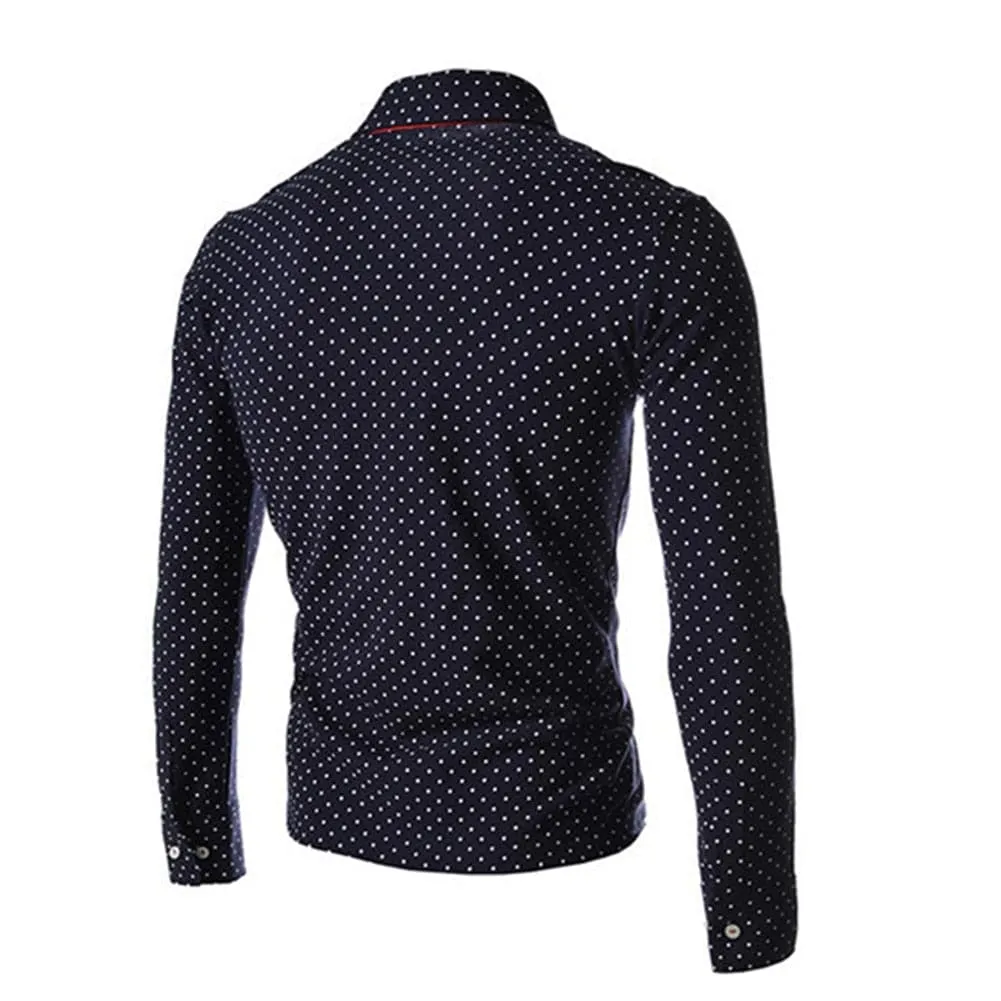 BRADFORD Design Collection Men's Fashion Navy Blue & White Polka Dots Button Top Long Sleeve Shirt