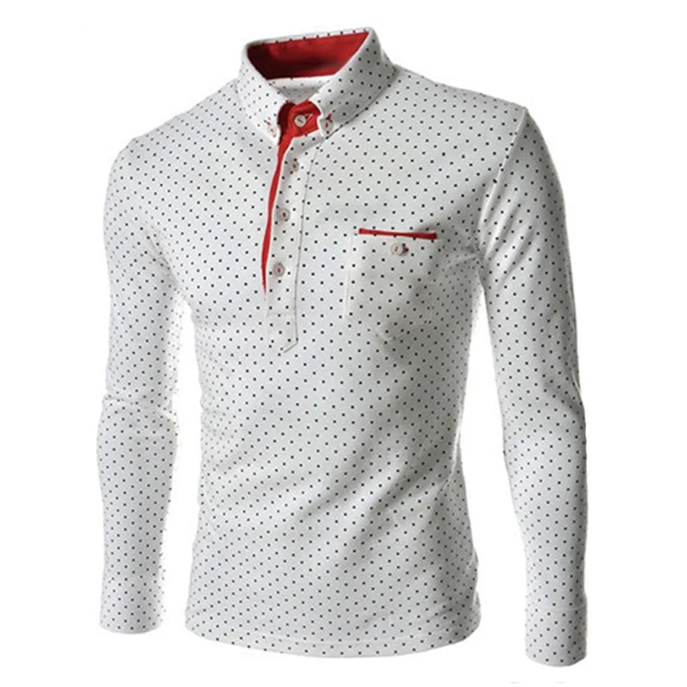 BRADFORD Design Collection Men's Fashion Navy Blue & White Polka Dots Button Top Long Sleeve Shirt