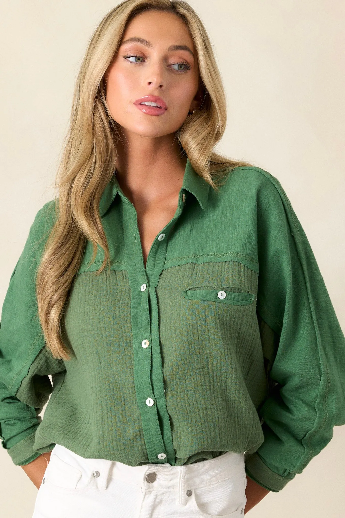 Carolina Chic 100% Cotton Green Button Front Top