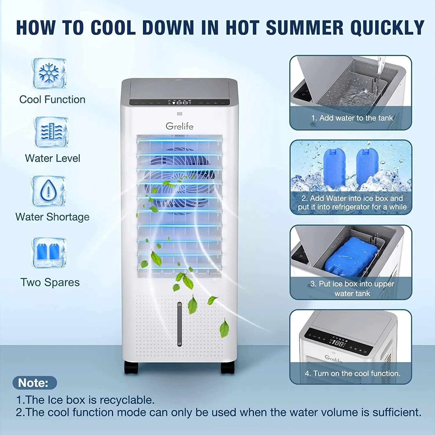 ITEM# 0072  Portable Evaporative Air Cooler, 3-IN-1 Air Cooler with Fan & Humidifier, Oscillation Swamp Cooler with 3 Wind Speeds, 3 Modes, 4 Ice Packs, 12H Timer, Remote, for Bedroom Office Home  (Watch Video)