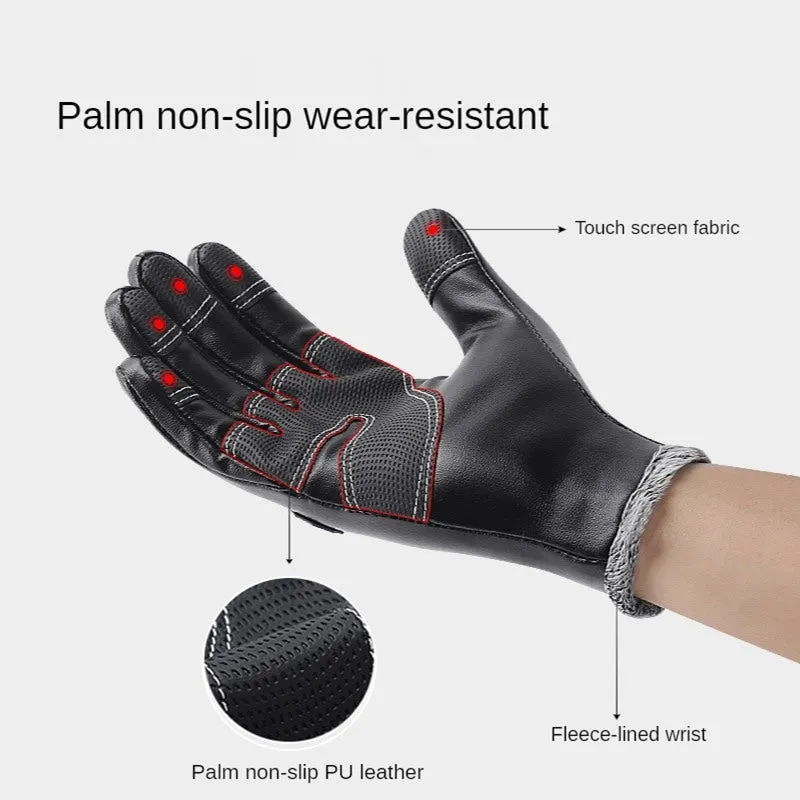 Warm Thermal Fleece Leather Ski Gloves With Zipper